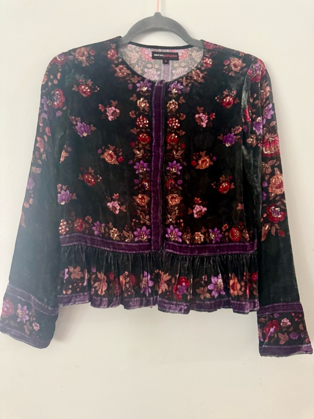 EUC Namrata Joshipura Embroidered Silk-Blend Velvet Peplum Jacket - Size S